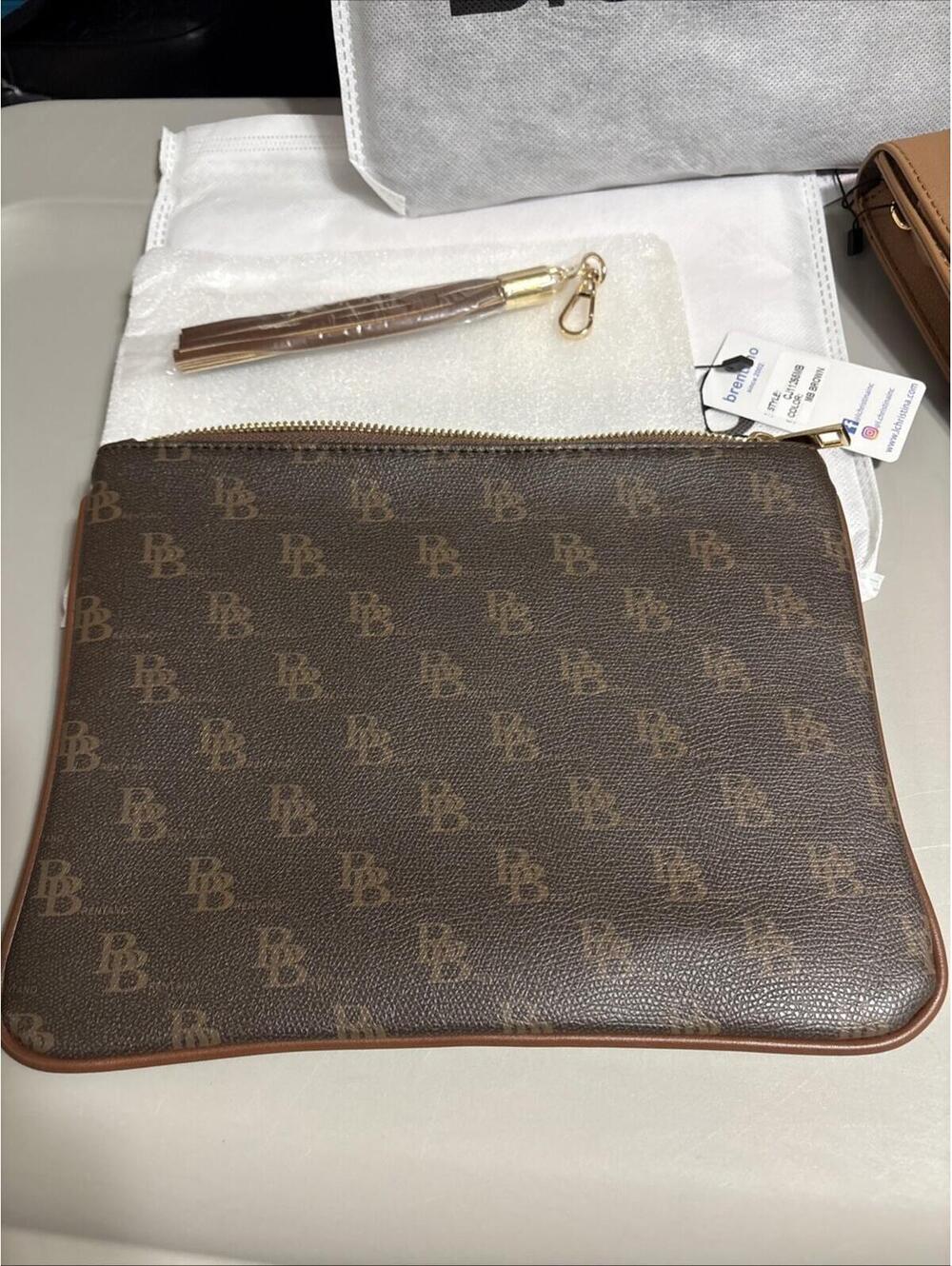 Brentano Brown Logo Clutch With Tassle Zip Closure Gold Hardware‎ and Dust Bag